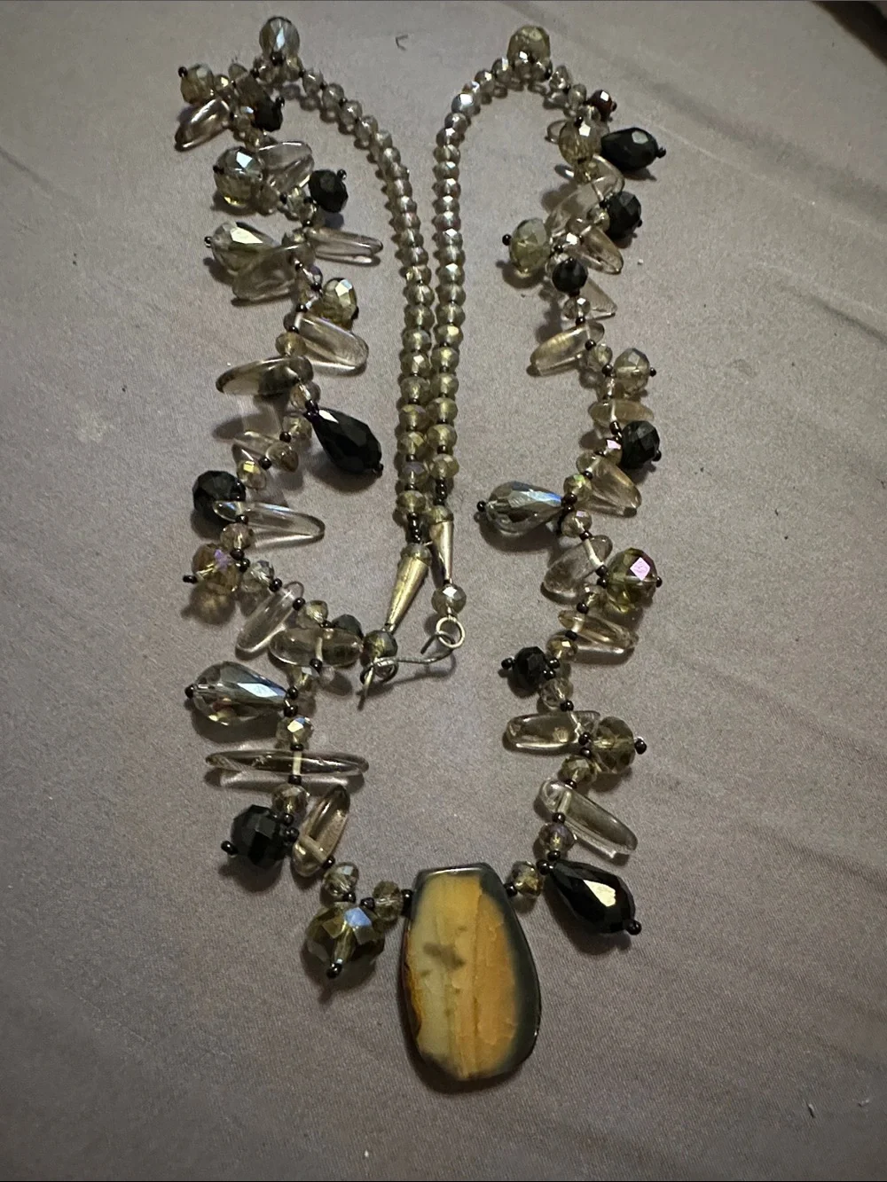 Beaded Agate Pendant Necklace in Smoky Brown and Gold